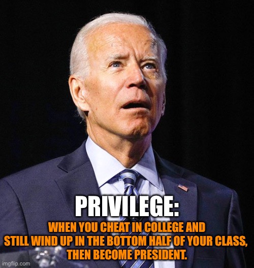 Joe Biden | PRIVILEGE:; WHEN YOU CHEAT IN COLLEGE AND STILL WIND UP IN THE BOTTOM HALF OF YOUR CLASS, 
THEN BECOME PRESIDENT. | image tagged in joe biden | made w/ Imgflip meme maker