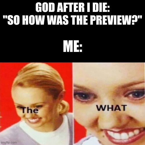 why | GOD AFTER I DIE: "SO HOW WAS THE PREVIEW?"; ME: | image tagged in the what | made w/ Imgflip meme maker