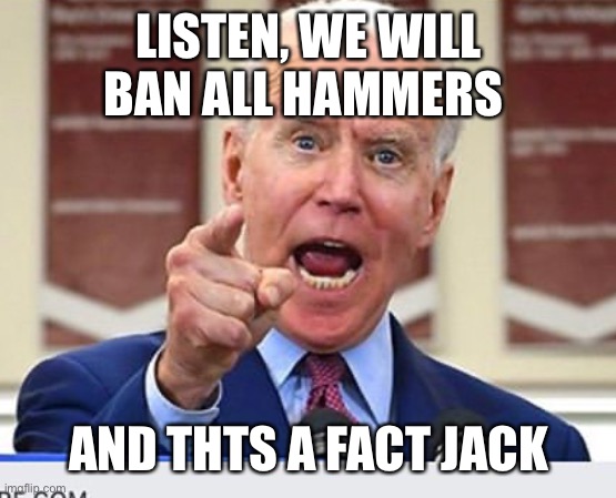Joe Biden no malarkey | LISTEN, WE WILL BAN ALL HAMMERS; AND THTS A FACT JACK | image tagged in joe biden no malarkey | made w/ Imgflip meme maker