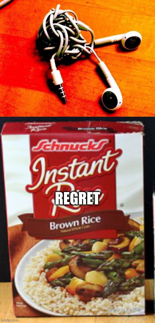 REGRET | image tagged in knotted earbuds,instant x | made w/ Imgflip meme maker