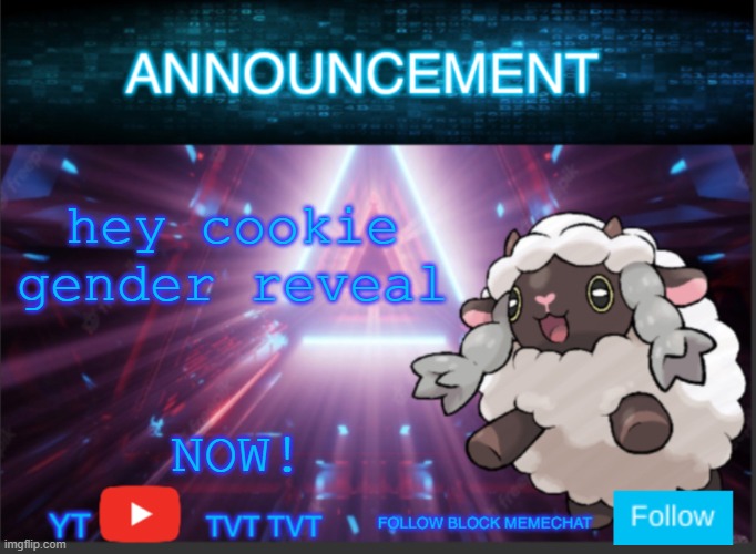 Neoninaslime announcement template updated | hey cookie gender reveal; NOW! | image tagged in neoninaslime announcement template updated | made w/ Imgflip meme maker