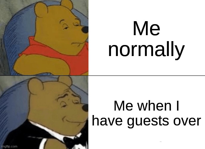 Me at my house | Me normally; Me when I have guests over | image tagged in memes,tuxedo winnie the pooh | made w/ Imgflip meme maker