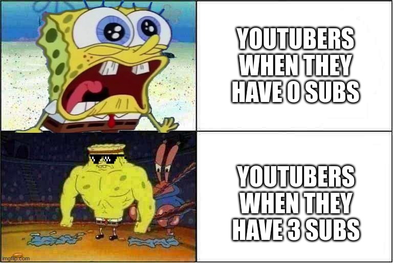 YOUTUBERS WHEN THEY HAVE 0 SUBS; YOUTUBERS WHEN THEY HAVE 3 SUBS | image tagged in spongebob,youtube | made w/ Imgflip meme maker