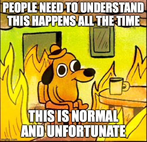 This is fine | PEOPLE NEED TO UNDERSTAND THIS HAPPENS ALL THE TIME; THIS IS NORMAL AND UNFORTUNATE | image tagged in this is fine | made w/ Imgflip meme maker