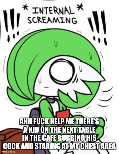 Idk what to do (mild panic) | AHH FUCK HELP ME THERE'S A KID ON THE NEXT TABLE IN THE CAFE RUBBING HIS COCK AND STARING AT MY CHEST AREA | image tagged in gardevoir | made w/ Imgflip meme maker