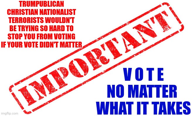 Vote For Every Democrat On The Ballot To Save Our Country, Our Social Secuity, Our Constitution And Our Bill Of Rights | TRUMPUBLICAN CHRISTIAN NATIONALIST TERRORISTS WOULDN'T BE TRYING SO HARD TO STOP YOU FROM VOTING IF YOUR VOTE DIDN'T MATTER; V O T E
NO MATTER 
WHAT IT TAKES | image tagged in important,memes,trumpublican christian nationalist nazis,trumpublican christian nationalist terrorists,vote for democrats | made w/ Imgflip meme maker