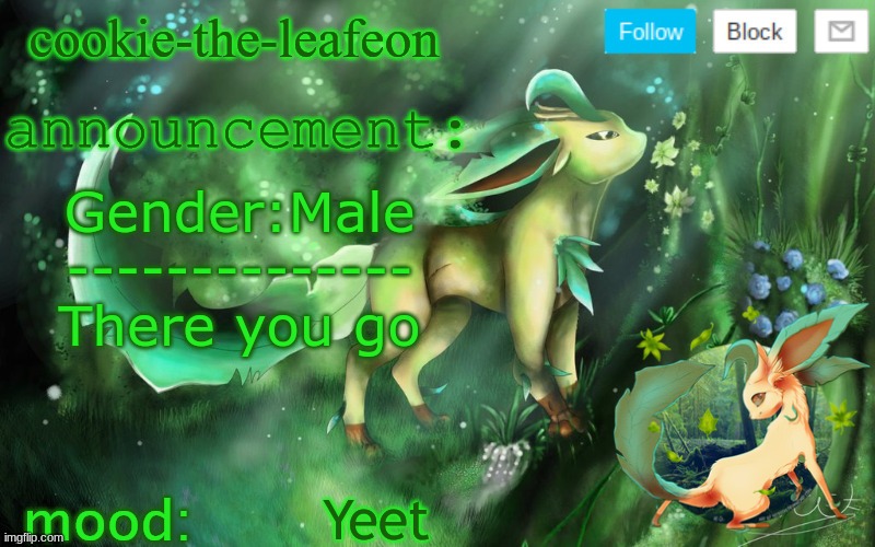 Gender reveal | Gender:Male
--------------
There you go; Yeet | image tagged in cookie the leafeon | made w/ Imgflip meme maker