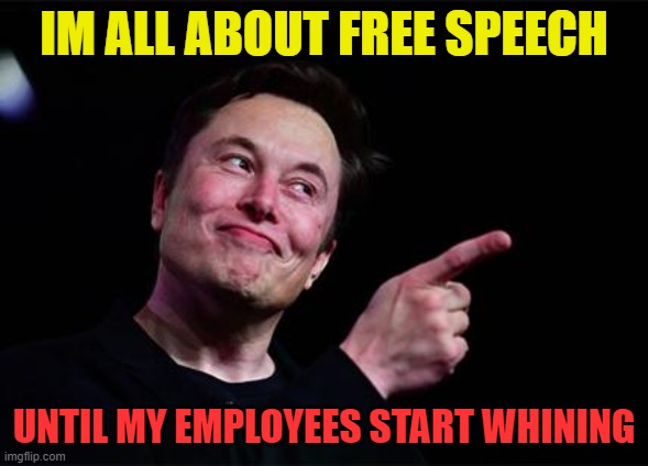 Elon musk | IM ALL ABOUT FREE SPEECH UNTIL MY EMPLOYEES START WHINING | image tagged in elon musk | made w/ Imgflip meme maker