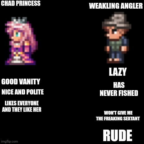 One of my friends gave the idea :P | CHAD PRINCESS; WEAKLING ANGLER; LAZY; HAS NEVER FISHED; GOOD VANITY; NICE AND POLITE; LIKES EVERYONE AND THEY LIKE HER; WON'T GIVE ME THE FREAKING SEXTANT; RUDE | image tagged in memes,blank transparent square | made w/ Imgflip meme maker
