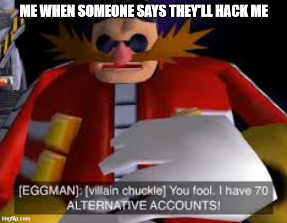 its true | ME WHEN SOMEONE SAYS THEY'LL HACK ME | image tagged in eggman alternative accounts | made w/ Imgflip meme maker