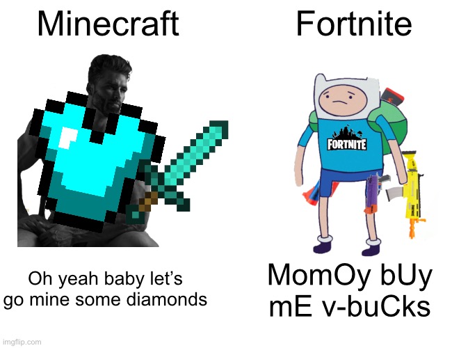 Hello | Minecraft; Fortnite; Oh yeah baby let’s go mine some diamonds; MomOy bUy mE v-buCks | image tagged in memes,buff doge vs cheems | made w/ Imgflip meme maker