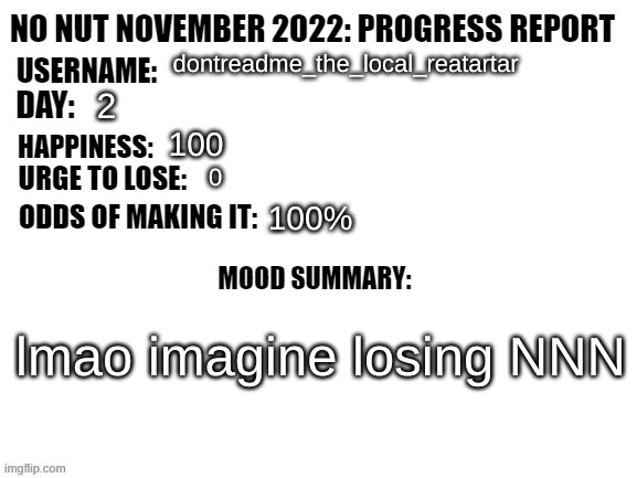 No Nut November 2022: Progress Report | dontreadme_the_local_reatartar; 2; 100; 100%; lmao imagine losing NNN | image tagged in no nut november 2022 progress report | made w/ Imgflip meme maker