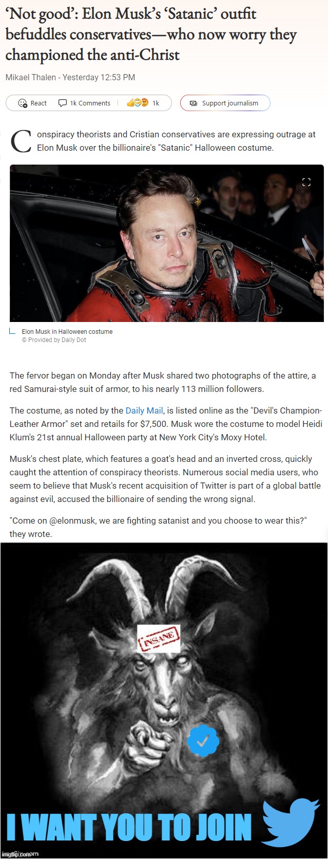 Is Twitter lost to the Satanic cabal? | I WANT YOU TO JOIN | image tagged in elon musk satanic costume,satan speaks | made w/ Imgflip meme maker