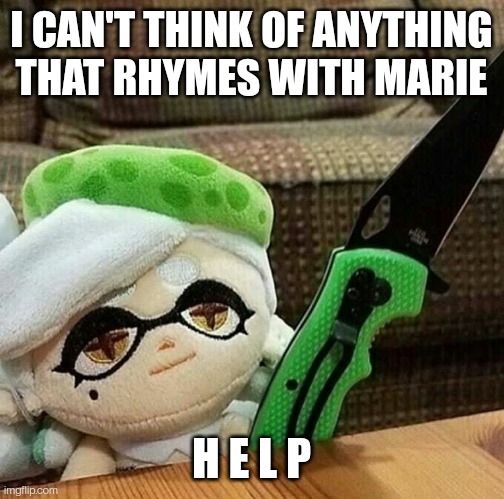Marie plush with a knife | I CAN'T THINK OF ANYTHING THAT RHYMES WITH MARIE; H E L P | image tagged in marie plush with a knife | made w/ Imgflip meme maker