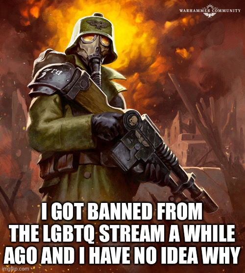 How do I get unbanned I did nothing XD | I GOT BANNED FROM THE LGBTQ STREAM A WHILE AGO AND I HAVE NO IDEA WHY | image tagged in death korps,memes | made w/ Imgflip meme maker