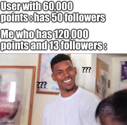 This is not begging, I am just very confused |  User with 60,000 points : has 50 followers; Me who has 120,000 points and 13 followers : | image tagged in black guy confused,relatable,imgflip users,followers | made w/ Imgflip meme maker