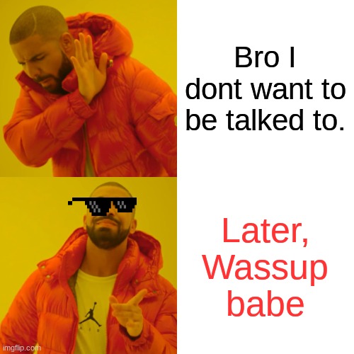 Drake Hotline Bling Meme | Bro I dont want to be talked to. Later, Wassup babe | image tagged in memes,drake hotline bling | made w/ Imgflip meme maker