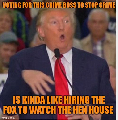 Donald Trump tho | VOTING FOR THIS CRIME BOSS TO STOP CRIME IS KINDA LIKE HIRING THE FOX TO WATCH THE HEN HOUSE | image tagged in donald trump tho | made w/ Imgflip meme maker