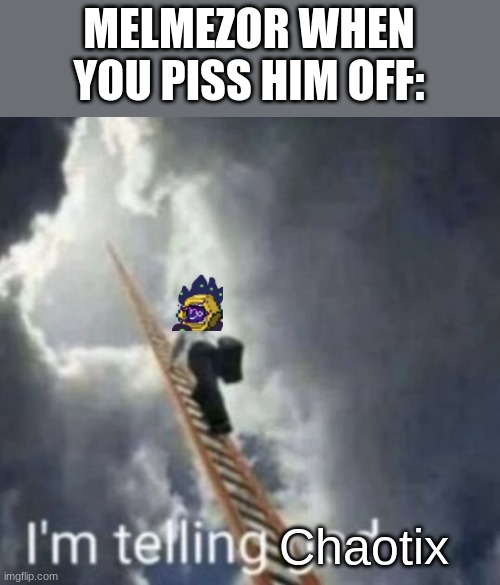 Chaotix is stronger then him | MELMEZOR WHEN YOU PISS HIM OFF:; Chaotix | image tagged in im telling god | made w/ Imgflip meme maker
