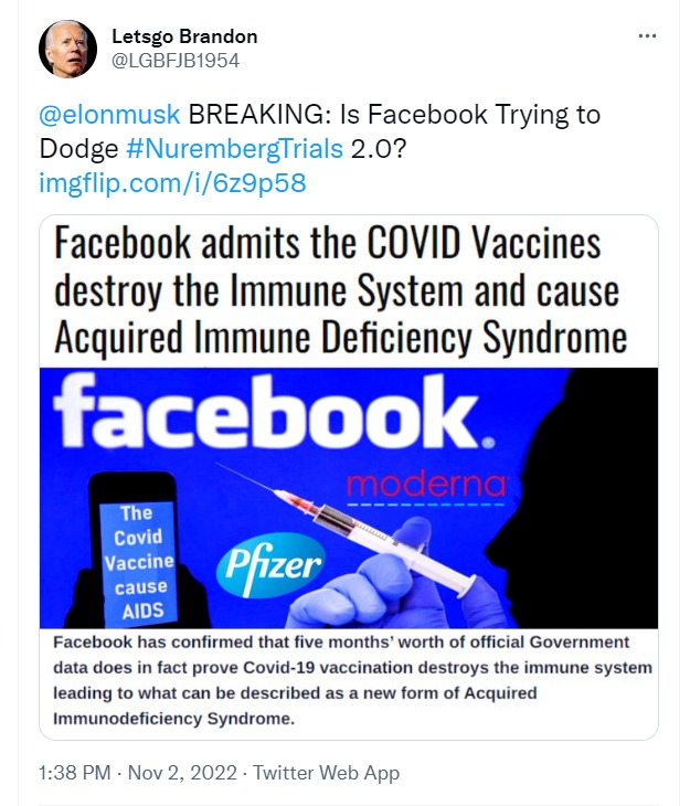Letsgo Brandon Facebook Nuremberg Trials tweet | image tagged in let's go brandon,facebook,elon musk,nuremberg trials,covidiots,aids | made w/ Imgflip meme maker