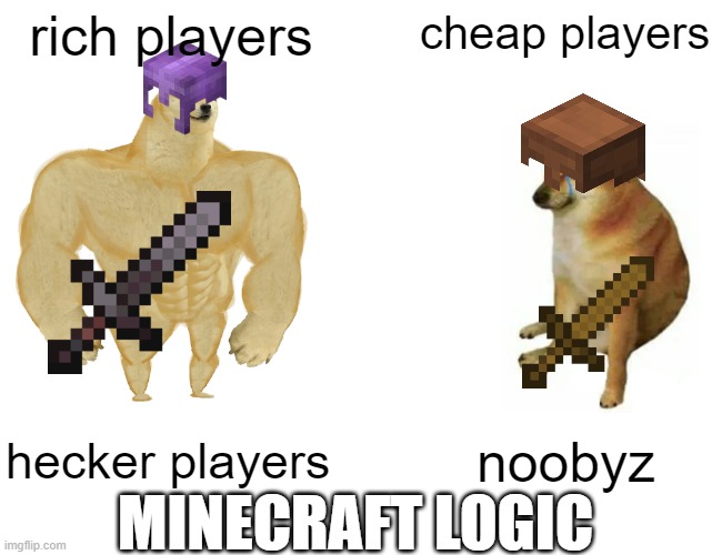 Buff Minecraft Doge vs. Noob Cheems | rich players; cheap players; hecker players; noobyz; MINECRAFT LOGIC | image tagged in memes,buff doge vs cheems | made w/ Imgflip meme maker