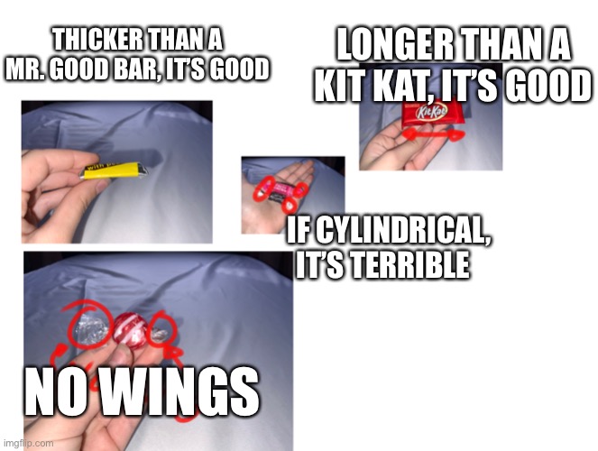 My candy criteria this year. What’s yours? | LONGER THAN A KIT KAT, IT’S GOOD; THICKER THAN A MR. GOOD BAR, IT’S GOOD; IF CYLINDRICAL, IT’S TERRIBLE; NO WINGS | image tagged in candy criteria | made w/ Imgflip meme maker
