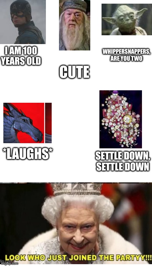 Credit to https://imgflip.com/i/6z3m8f?nerp=1667419841#com21969710 | WHIPPERSNAPPERS, ARE YOU TWO; I AM 100 YEARS OLD; CUTE; *LAUGHS*; SETTLE DOWN, SETTLE DOWN | image tagged in memes,blank transparent square | made w/ Imgflip meme maker