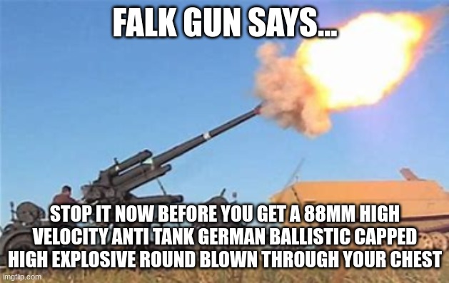 Flak gun | FALK GUN SAYS... STOP IT NOW BEFORE YOU GET A 88MM HIGH VELOCITY ANTI TANK GERMAN BALLISTIC CAPPED HIGH EXPLOSIVE ROUND BLOWN THROUGH YOUR C | image tagged in flak gun | made w/ Imgflip meme maker