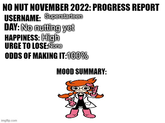 No Nut November 2022: Progress Report | Superstarteen; No nutting yet; High; None; 100% | image tagged in no nut november 2022 progress report | made w/ Imgflip meme maker