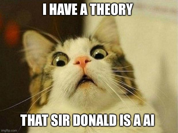 Scared Cat | I HAVE A THEORY; THAT SIR DONALD IS A AI | image tagged in memes,scared cat | made w/ Imgflip meme maker