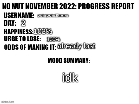bruh | yeetuspeetus25memes; 2; 103%; 100%; already lost; idk | image tagged in no nut november 2022 progress report | made w/ Imgflip meme maker