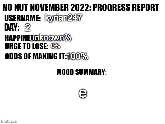 No Nut November 2022: Progress Report | kyrian247; 2; unknown%; 0%; 100%; e | image tagged in no nut november 2022 progress report | made w/ Imgflip meme maker