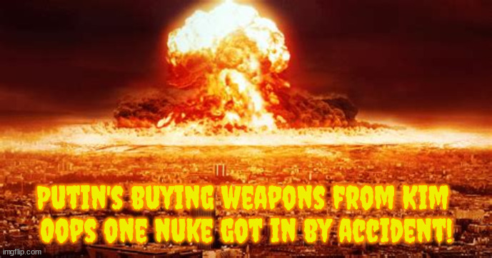Oppsy! | Putin's buying weapons from Kim 
Oops one nuke got in by accident! | image tagged in north korea,russia,putin,kim jong un,nukes | made w/ Imgflip meme maker