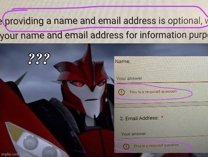 “It’s optional” they said | ??? | image tagged in confused knock out,knockout,transformers prime,survey | made w/ Imgflip meme maker