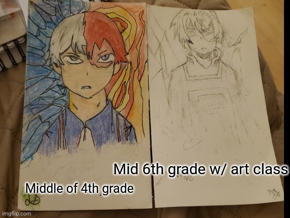 Made the second one bout a month ago | Mid 6th grade w/ art class; Middle of 4th grade | image tagged in art,drawings | made w/ Imgflip meme maker