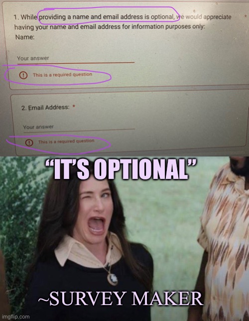 “It’s optional” | “IT’S OPTIONAL”; ~SURVEY MAKER | image tagged in agatha wink,its optional,school survey | made w/ Imgflip meme maker