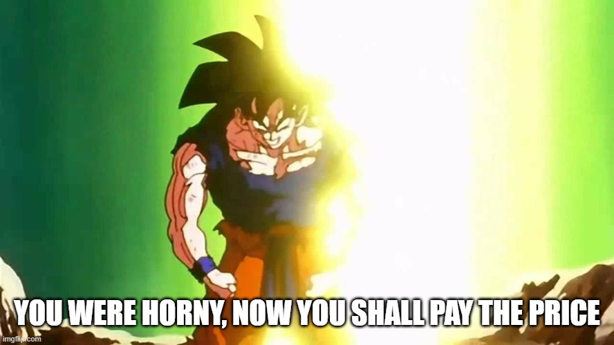 Angry Goku | YOU WERE HORNY, NOW YOU SHALL PAY THE PRICE | image tagged in angry goku | made w/ Imgflip meme maker