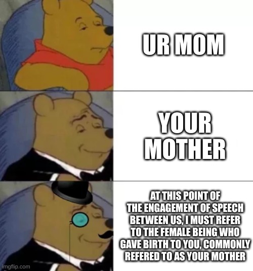 ur mom | UR M0M; YOUR MOTHER; AT THIS POINT OF THE ENGAGEMENT OF SPEECH BETWEEN US, I MUST REFER TO THE FEMALE BEING WHO GAVE BIRTH TO YOU, COMMONLY REFERED TO AS YOUR MOTHER | image tagged in fancy pooh,your mom | made w/ Imgflip meme maker