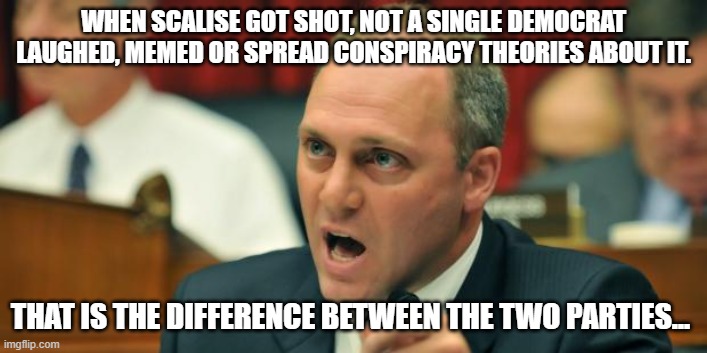 Steve Scalise | WHEN SCALISE GOT SHOT, NOT A SINGLE DEMOCRAT LAUGHED, MEMED OR SPREAD CONSPIRACY THEORIES ABOUT IT. THAT IS THE DIFFERENCE BETWEEN THE TWO PARTIES... | image tagged in steve scalise | made w/ Imgflip meme maker