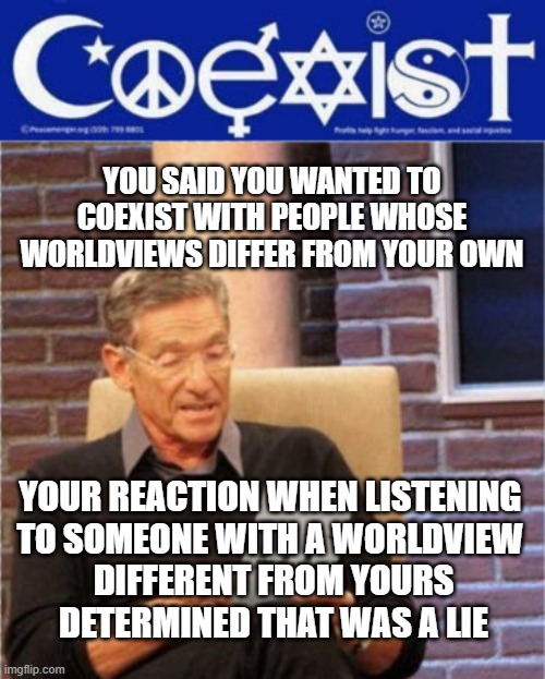 Coexist.  But can we really?  It would be nice if we could. | YOU SAID YOU WANTED TO COEXIST WITH PEOPLE WHOSE WORLDVIEWS DIFFER FROM YOUR OWN; YOUR REACTION WHEN LISTENING 
TO SOMEONE WITH A WORLDVIEW 
DIFFERENT FROM YOURS
DETERMINED THAT WAS A LIE | image tagged in peace out | made w/ Imgflip meme maker