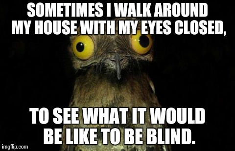 Weird Stuff I Do Potoo Meme | SOMETIMES I WALK AROUND MY HOUSE WITH MY EYES CLOSED, TO SEE WHAT IT WOULD BE LIKE TO BE BLIND. | image tagged in memes,weird stuff i do potoo,AdviceAnimals | made w/ Imgflip meme maker