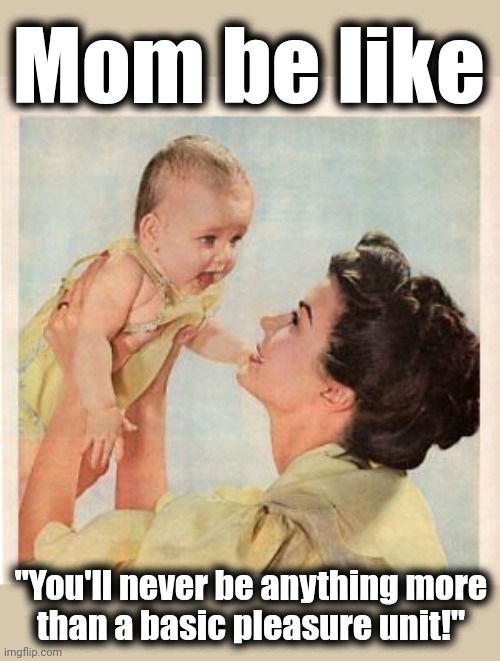 Mom be like; "You'll never be anything more
than a basic pleasure unit!" | image tagged in memes,mom,basic pleasure unit,baby,retro | made w/ Imgflip meme maker