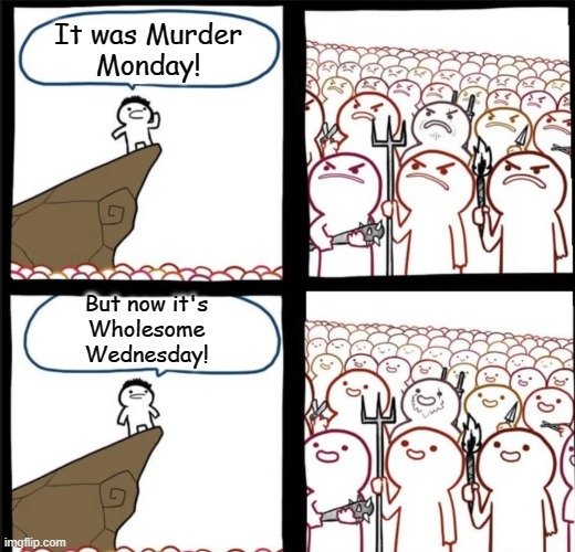 That's more like it. | It was Murder
Monday! But now it's
Wholesome
Wednesday! | image tagged in suddenly wholesome | made w/ Imgflip meme maker