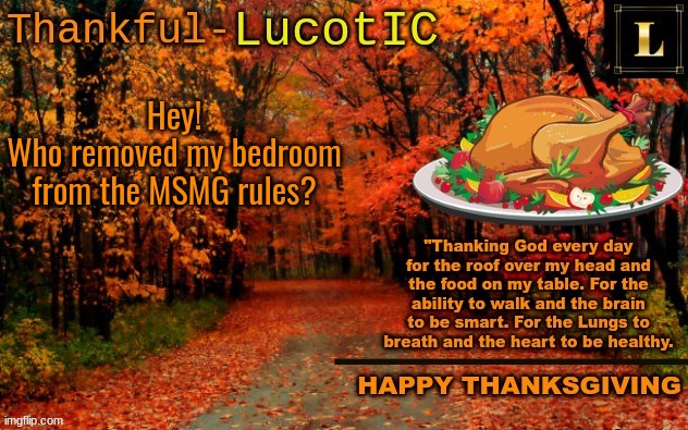 LucotIC THANKSGIVING announcement temp (11#) | Hey!
Who removed my bedroom from the MSMG rules? | image tagged in lucotic thanksgiving announcement temp 11 | made w/ Imgflip meme maker