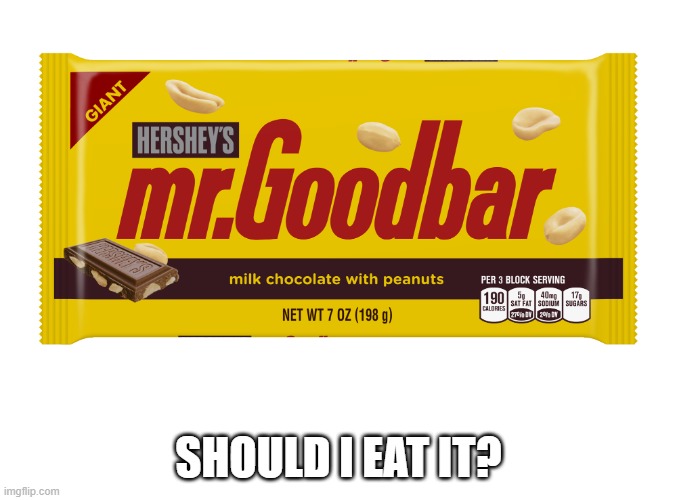 or will it count as me "nutting" | SHOULD I EAT IT? | image tagged in mr goodbar | made w/ Imgflip meme maker