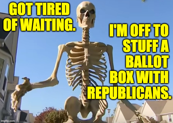 I wish him well. | GOT TIRED OF WAITING. I'M OFF TO 
STUFF A 
BALLOT 
BOX WITH 
REPUBLICANS. | image tagged in memes,tired of waiting | made w/ Imgflip meme maker