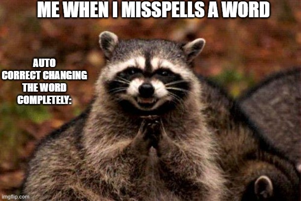 Auto correct: Muhahahahaha | ME WHEN I MISSPELLS A WORD; AUTO CORRECT CHANGING THE WORD COMPLETELY: | image tagged in memes,evil plotting raccoon | made w/ Imgflip meme maker