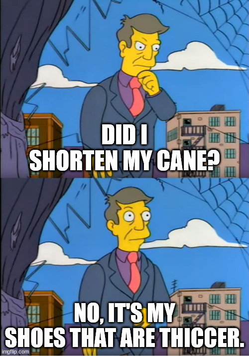 Skinner Out Of Touch | DID I SHORTEN MY CANE? NO, IT'S MY SHOES THAT ARE THICCER. | image tagged in skinner out of touch | made w/ Imgflip meme maker