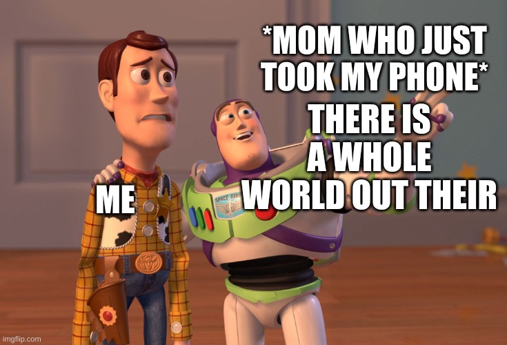She can't take away my school Chromebook | *MOM WHO JUST TOOK MY PHONE*; THERE IS A WHOLE WORLD OUT THEIR; ME | image tagged in memes,x x everywhere | made w/ Imgflip meme maker