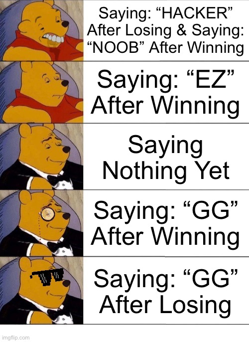 Winnie the Pooh v.20 | Saying: “HACKER” After Losing & Saying: “NOOB” After Winning; Saying: “EZ” After Winning; Saying Nothing Yet; Saying: “GG” After Winning; Saying: “GG” After Losing | image tagged in winnie the pooh v 20,memes,video games,gaming,win,lose | made w/ Imgflip meme maker